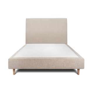 Lit 140x190cm Avec Tête De Lit Tapissier Tissu Et Sommier Tapissier Beige Brun
