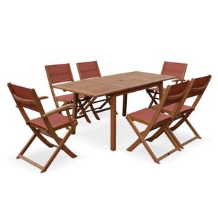 Table De Jardin Extensible Bois D'eucalyptus + 6 Assises - Almeria - Table 120/180cm Avec Rallonge.