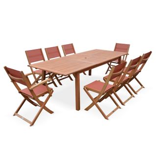 Table De Jardin Extensible Bois D'eucalyptus + 8 Assises En Bois D'eucalyptus Huilé Et Textilène