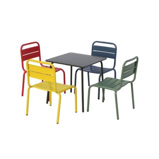Salon De Jardin Enfant. Table Et Chaises Métal + 4 Assises Anna - Multicolore. 48x48cm