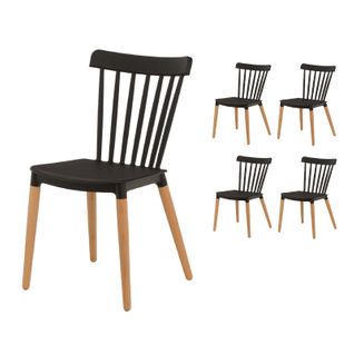 Lot De 4 Chaises Style Scandinave à Barreaux Modèle Pop - Coque En Résine Noire Et Pieds En Bois