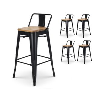 Lot De 4 Tabourets De Bar En Métal Noir Mat Style Industriel Avec Dossier Et Assise En Bois Clair -