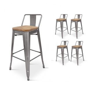Lot De 4 Tabourets Style Industriel Avec Dossier En Métal Brut Aspect Galvanisé Et Assise En Bois C