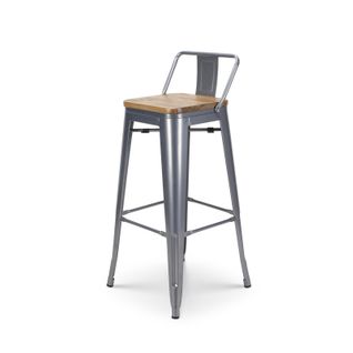 Tabouret De Bar Style Industriel Avec Dossier En Métal Silver Et Assise En Bois Clair - Hauteur 76