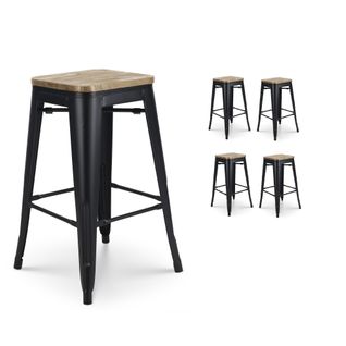 Lot De 4 Tabourets De Bar En Métal Noir Mat Style Industriel Et Assise En Bois Clair - Hauteur 66 C