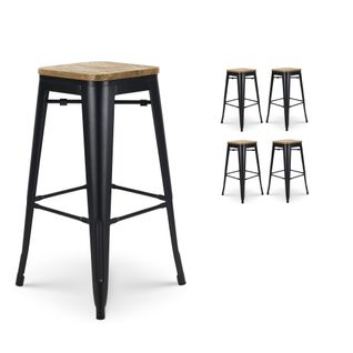 Lot De 4 Tabourets De Bar En Métal Noir Mat Style Industriel Et Assise En Bois Clair - Hauteur 76 C