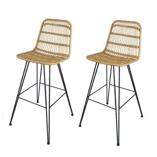 Lot De 2 Tabourets De Bar Style Nature Aspect Rotin En Résine Tressée Et Pieds En Métal Noir - Haute