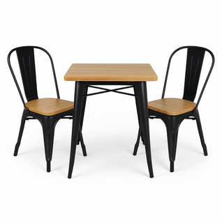 Ensemble Table Et Chaises Style Industriel, Métal Noir Mat Et Bois Naturel Clair, 60x60cm - Design