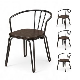 Lot De 4 Chaises En Métal Noir Mat, Bois Foncé – Pieds Épingle Et Dossier Ajouré - Style Industriel