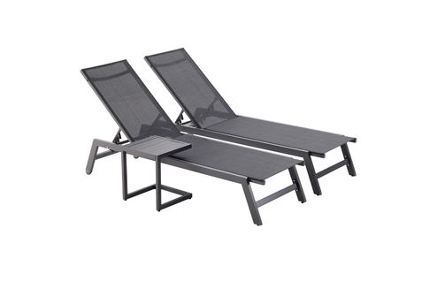 Prato - Lot De 2 Bains De Soleil En Aluminium Gris Foncé Et Noir Avec Table D'appoint