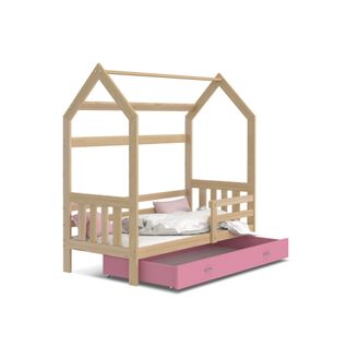 Lit Cabane 2  80x160 Pin - Rose Livré Avec Sommiers, Tiroir Et Matelas En Mousse De 7cm
