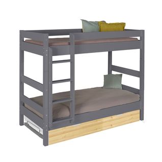 Pack Lit Superposé Séparable Avec Sommier Gigogne Et Matelas Aaron   Gris Et Bois 90x190 Cm