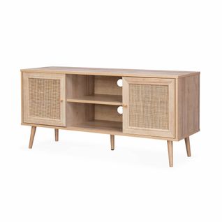 Meuble TV En Cannage 120x39x56.5cm -  Bohème - Naturel. 2 Niveaux. 2 Étagères. 2 Portes. Pieds