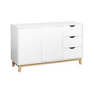 Buffet De Rangement Blanc. Pieds Bois - Floki - Avec 3 Tiroirs. Buffet 2 Portes. Buffet Bas.