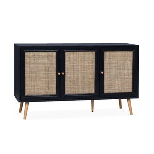 Buffet De Rangement En Cannage. Noir 120x39x70cm  - Bohème - 2 Niveaux. 3 Portes. Pieds
