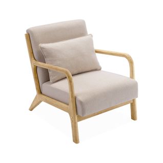 Fauteuil Design En Bois Et Tissu. 1 Place Droit Fixe. Pieds Compas Scandinave. Structure En Bois