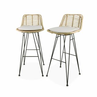 Deux Tabourets De Bar En Rotin Naturel Et Métal. Coussins Beige  75cm- Cahya