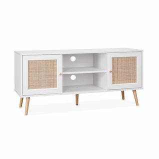 Meuble TV En Cannage 120x39x56.5cm -  Bohème - Blanc. 2 Niveaux. 2 Étagères. 2 Portes. Pieds