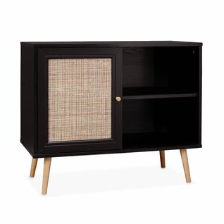 Meuble De Rangement En Cannage 80x39x65.8cm  Bohème - Noir -  2 Niveaux - 1 Porte -  Pieds