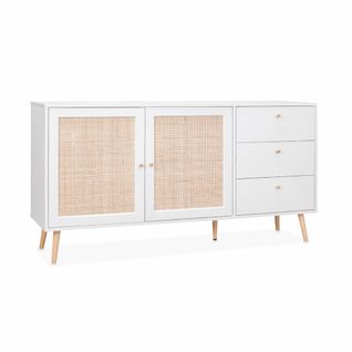 Buffet De Rangement Blanc En Cannage 2 Portes 3 Tiroirs. Buffet Bas. L150 X L39 X H79cm - Bohème