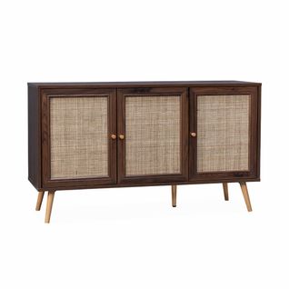 Buffet De Rangement En Cannage 120x39x70cm  - Bohème - 2 Niveaux. 3 Portes. Pieds Scandinaves.