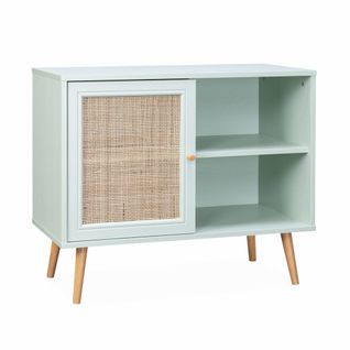 Meuble De Rangement En Cannage 80x39x65.8cm  Bohème - Vert Céladon-  2 Niveaux - 1 Porte -  Pieds