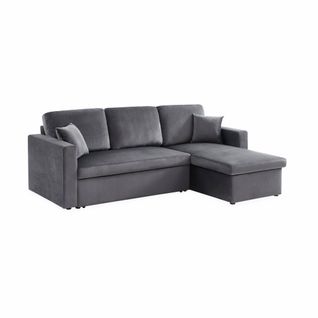 Canapé D'angle Convertible En Velours Gris Foncé 3 Places. Fauteuil D'angle Réversible Coffre