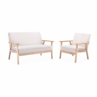 Banquette Et Fauteuil En Bois Et Tissu Bouclette. Isak. L 114 X L 69.5 X H 73cm