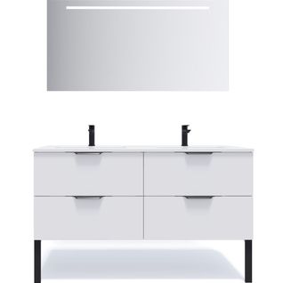 Meuble De Salle De Bain Double Vasque 140cm 4 Tiroirs Blanc + Miroir - Soho