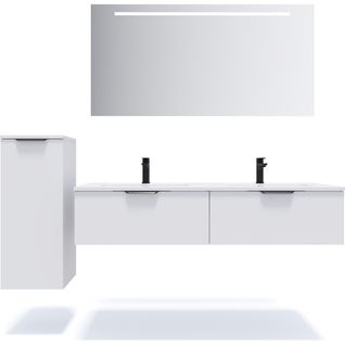 Ensemble Salle De Bain Double Vasque 140cm 2 Tiroirs Blanc + Miroir + Colonne Gauche - Soho