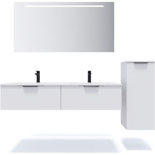 Ensemble Salle De Bain Double Vasque 140cm 2 Tiroirs Blanc + Miroir + Colonne Droite - Soho