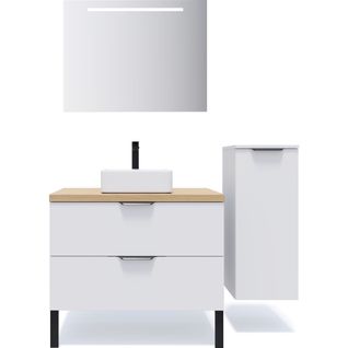 Ensemble Salle De Bain Vasque Posée 90cm 2 Tiroirs Blanc + Miroir + Colonne Droite - Soho