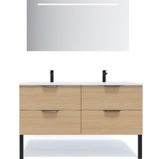 Meuble De Salle De Bain Double Vasque 140cm 4 Tiroirs Chêne + Miroir - Soho