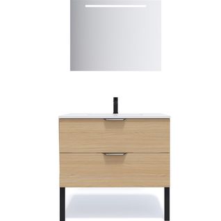 Meuble De Salle De Bain Vasque Intégrée 90cm 2 Tiroirs Chêne + Miroir - Soho