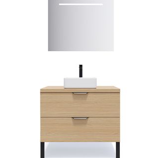 Meuble De Salle De Bain Vasque Posée 90cm 2 Tiroirs Chêne + Miroir - Soho
