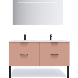 Meuble De Salle De Bain Double Vasque 140cm 4 Tiroirs Abricot + Miroir - Soho