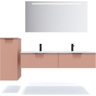 Ensemble Salle De Bain Double Vasque 140cm 2 Tiroirs Abricot + Miroir + Colonne Gauche - Soho