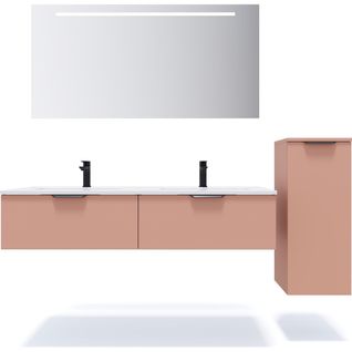 Ensemble Salle De Bain Double Vasque 140cm 2 Tiroirs Abricot + Miroir + Colonne Droite - Soho
