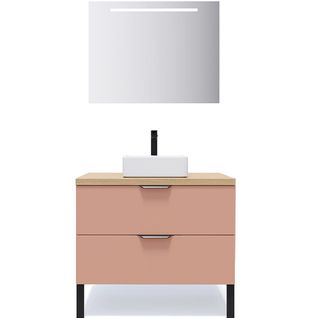 Meuble De Salle De Bain Vasque Posée 90cm 2 Tiroirs Abricot + Miroir - Soho