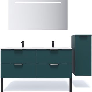 Ensemble Salle De Bain Double Vasque 140cm 4 Tiroirs Bleu + Miroir + Colonne Droite - Soho