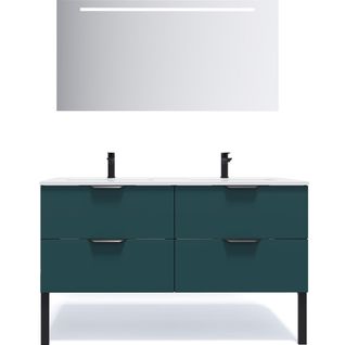 Meuble De Salle De Bain Double Vasque 140cm 4 Tiroirs Bleu + Miroir - Soho