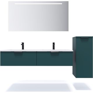 Ensemble Salle De Bain Double Vasque 140cm 2 Tiroirs Bleu + Miroir + Colonne Droite - Soho