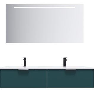 Meuble De Salle De Bain Double Vasque 140cm 2 Tiroirs Bleu + Miroir - Soho