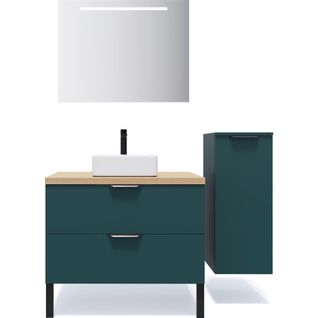 Ensemble Salle De Bain Vasque Posée 90cm 2 Tiroirs Bleu + Miroir + Colonne Droite - Soho