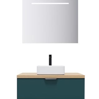 Meuble De Salle De Bain Vasque Posée 90cm 1 Tiroir Bleu + Miroir - Soho