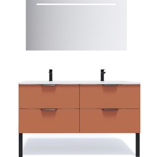 Meuble De Salle De Bain Double Vasque 140cm 4 Tiroirs Terracotta + Miroir - Soho