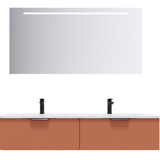 Meuble De Salle De Bain Double Vasque 140cm 2 Tiroirs Terracotta + Miroir - Soho
