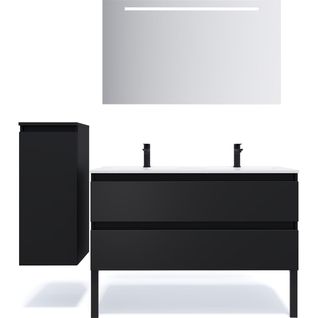 Ensemble Salle De Bain Double Vasque 120cm 2 Tiroirs Noir + Miroir + Colonne Gauche - Hudson