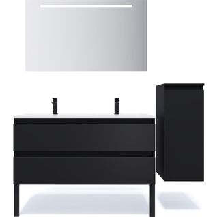Ensemble Salle De Bain 2 Vasques Posées 120cm 2 Tiroirs Noir + Miroir + Colonne Droite - Hudson