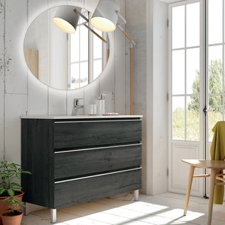Meuble De Salle De Bain Simple Vasque - Palma Et Miroir Rond LED Solen - Ebony (bois Noir) - 80cm